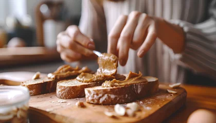 Fotobehang Young woman spreading nut butter onto toast in kitchen, closeup © Oleksiy