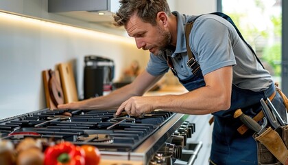 A man is using engineering gestures to repair a stove in a kitchen