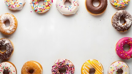 Frame made of colorful delicious donuts with copy space in the middle on white background