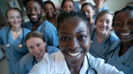 Obraz premium Medical professionals, diversity, and selfies, teamwork, social media, and collaboration, grin and remembrance. Medical professionals and joyful group portrait, staff or profile photo