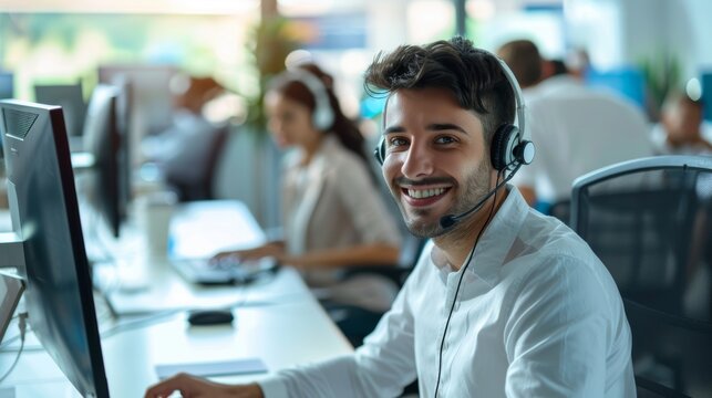In-office salesman, contact center representative, and customer service support operator providing advise, aid, and skilled communication. Young consultant, CRM telemarketing, and contact us