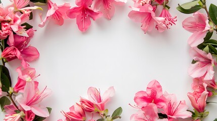Frame made of beautiful pink flowers with copy space in the middle on white background
