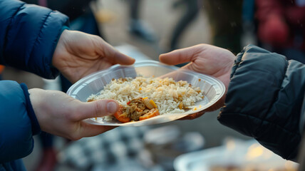 A volunteer passes a plate of food to another person. The plate is filled with rice and vegetables. The action takes place outdoors in a refugee camp