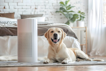 Cute dog with air purifier in bedroom for filter and cleaning removing dust. - obrazy, fototapety, plakaty