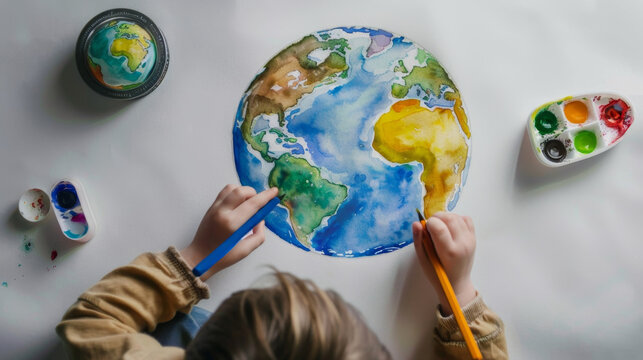 Close up of child's hands painting painting  planet Earth in watercolor. Planet Earth on white background. World Earth day celebrating concept.  22, April.  Selective focus. Generative AI. 