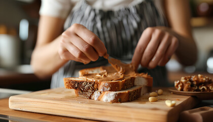 Young woman spreading nut butter onto toast in kitchen, closeup - obrazy, fototapety, plakaty