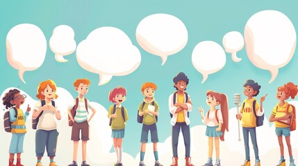 Vector poster collection of education figures for a back-to-school design featuring speaking or talking posture and empty white speech bubbles