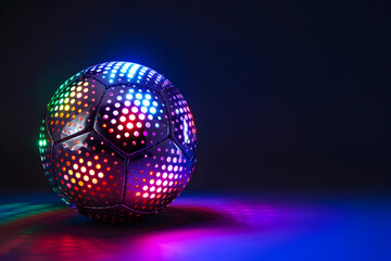 Fototapeta na wymiar Football with futuristic lights technology. Colors neon background.