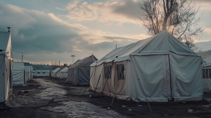 A refugee camp. There are tents in a row in the field. Helping disadvantaged people during the war