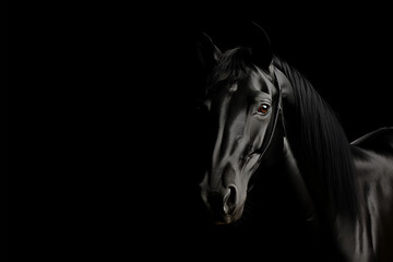 Obraz premium Black horse portrait on black background freisian breed
