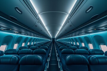 Modern commercial airplane interior with blue seats and bright lights, 3D rendering stock photo concept
