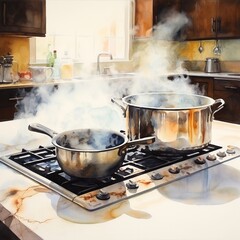 illustration of boiling water on kitchen stove watercolor,Generative ai