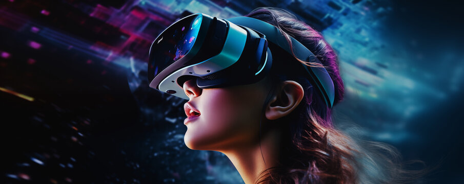 Young woman playing on futuristic headset on abstract digital dark background, VR glasses, generated ai