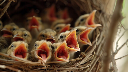 A close-up of a nest nestled in a tree, filled with fluffy baby birds eagerly awaiting their next meal