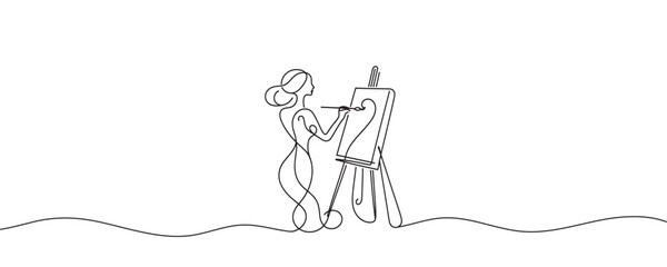 the artist sits in front of an easel with a palette and brush in hand. one line drawing vector