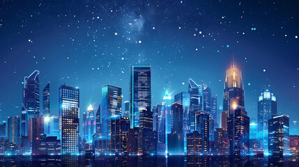Realistic futuristic city view with skyscrapers - obrazy, fototapety, plakaty