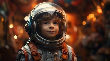 A creative scene of a little boy in a makeshift astronaut suit, holding a large, colorful planet over his head, pretending to orbit the earth, - obrazy, fototapety, plakaty