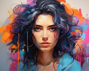 An acrylic portrait of a young woman, her gaze intense and thoughtful, with a vibrant splash of colors in the background to reflect her dynamic personality,