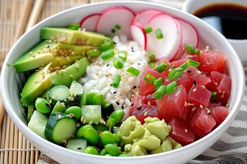 vibrant bowl with marinated tuna