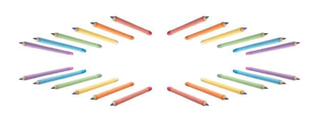 Set of Colored Pencils Made by Recycled Paper with colored erasers, arranged on white background