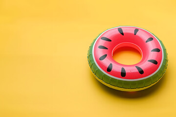 Watermelon floaty pool ring on yellow background.