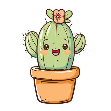 Cute kawaii cactus plant cartoon character illustration vector design