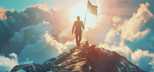 A businessman in a suit running towards the top of a mountain with a flag, success concept