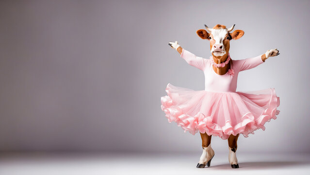 Cow in Ballet Tutu: Whimsical Dancer Delights in Pink Dress, Bringing Elegance to Pure White Scene