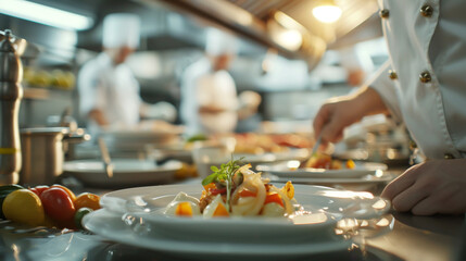 A chef plating up dishes in the kitchen of an upscale restaurant, with focus on one dish that is beautifully arranged and garnished
