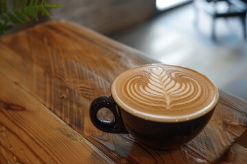 Latte Coffee on Wooden Table - obrazy, fototapety, plakaty