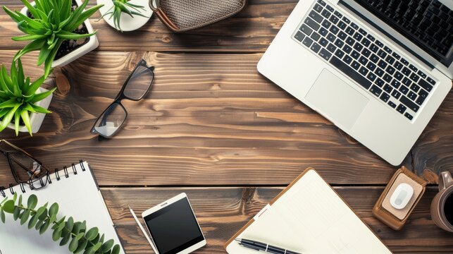 Workplace desk, business and office object