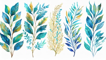A set of five hand-painted watercolor branches with leaves, a range of blue, turquoise and gold hues, isolated on a white background, perfect for elegant design themes