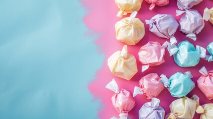 Assorted colorful wrapped candies on dual-tone background