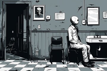 An invisible man's struggle with being ignored at the doctor's office, as staff keep bypassing him Style: minimalist comic style  - obrazy, fototapety, plakaty
