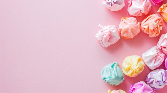 Assorted colorful meringues on pink background