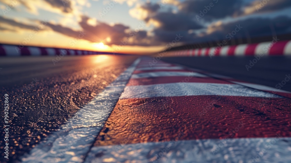 Wall mural Sunset at closeup wet race track with red and white curb