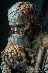 A fitness guru zombie trying to promote a brain-food diet, with literal brain foods  - obrazy, fototapety, plakaty