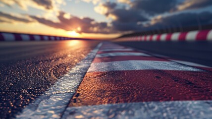 Sunset at closeup wet race track with red and white curb