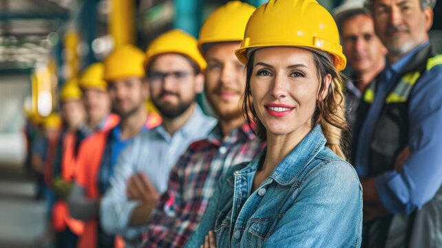 Group of diverse workers wearing yellow safety helmets smiling at camera