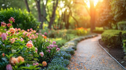 Serene garden path lined with blooming flowers at sunset - obrazy, fototapety, plakaty