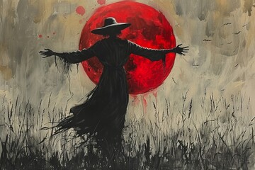 A scarecrow coming to life under a blood-red moon in a cornfield Style: eerie watercolor  - obrazy, fototapety, plakaty