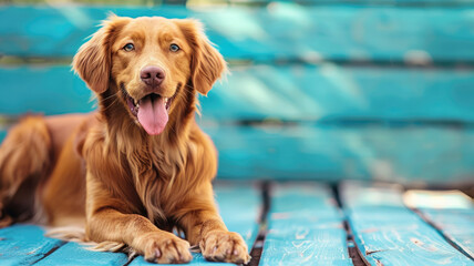 Golden retriever lying on turquoise wooden deck with tongue out