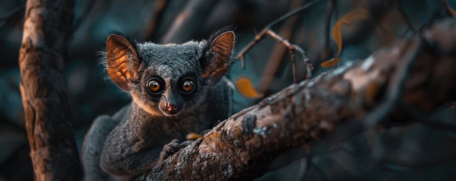 portrait of a bushbaby with disproportionately large eyes in a shadowy