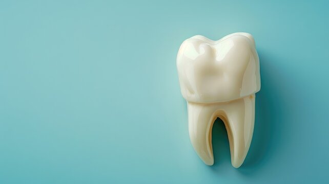 Model of human molar tooth on blue background