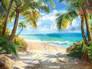 AI generated illustration of a tropical beach with palm trees and sandy shore in the foreground