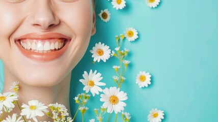 Close-up of smiling person with flowers on blue background