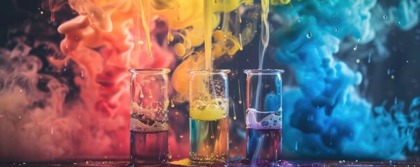 Vibrant science laboratory scene with chemical flasks, smoke, and bursts of flame representing experiment - obrazy, fototapety, plakaty