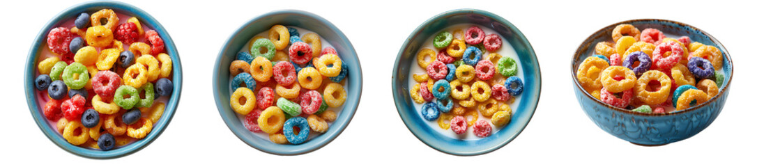 fruit loops cereal bowl set PNG. fruit loops cereal in bowl top view PNG. Colorful cereal in a bowl isolated. Breakfast food PNG - Powered by Adobe