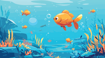 Fototapeta na wymiar Cartoon golden fish in the aquarium 2d flat cartoon