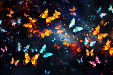 Multicolored butterflies on a dark summer background.